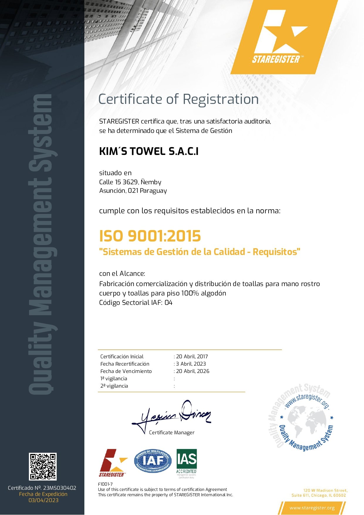 Certificado de Calidad ISO 9001-2015